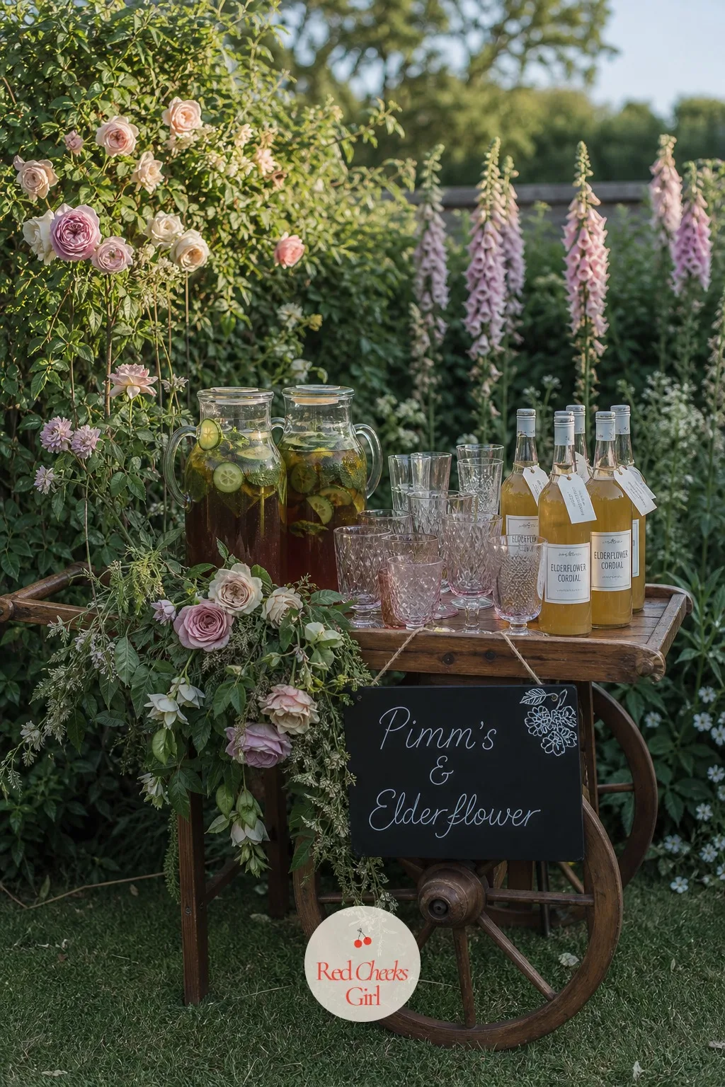 Pimm's and Elderflower Drinks Cart — A standard bar with branded glassware pulls the whole look back toward a hotel function room. English garden wedding