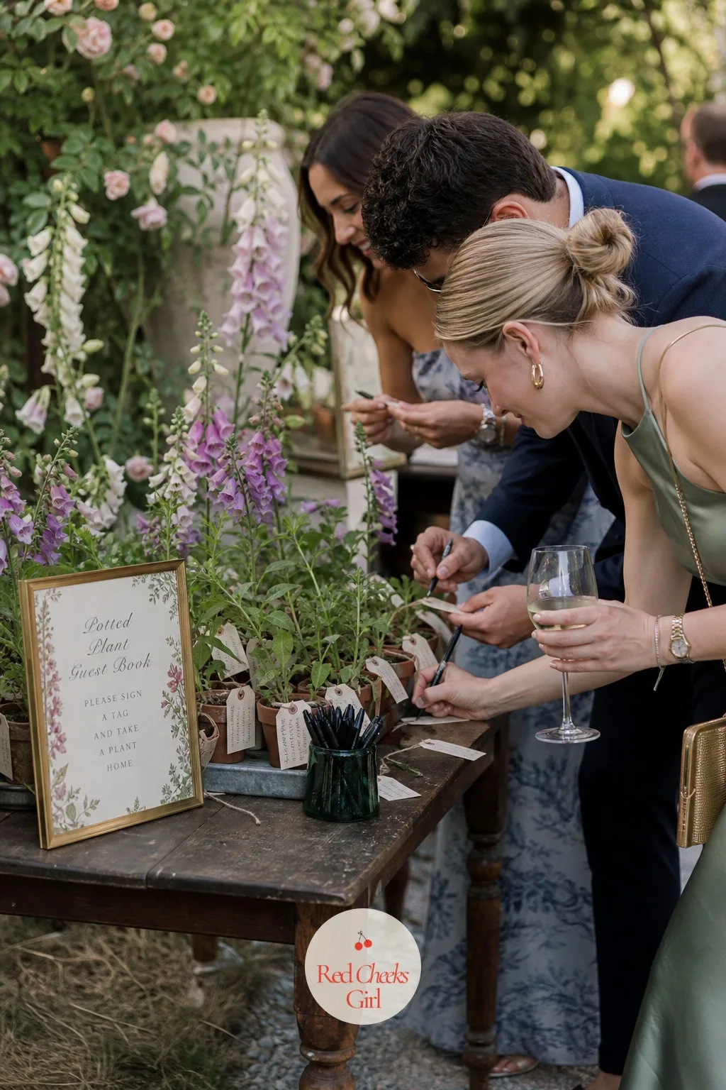 Potted-Plant Guest Book Station — A paper guest book usually ends up in a drawer unread within the year. English garden wedding