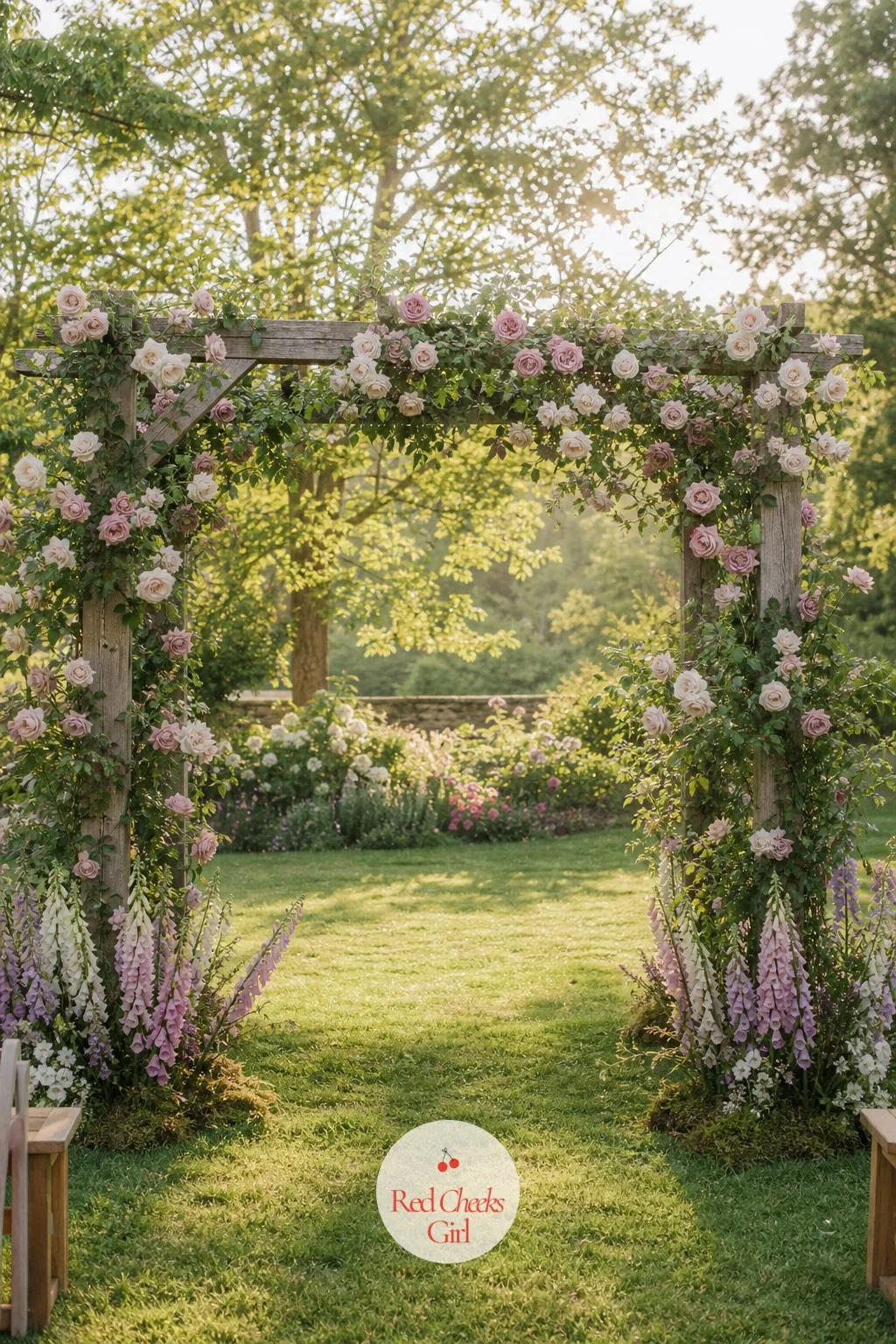 Rose Arch Ceremony Backdrop — A bare arbour at the end of the aisle looks unfinished no matter how good the dress is, and photographs flat. English garden
