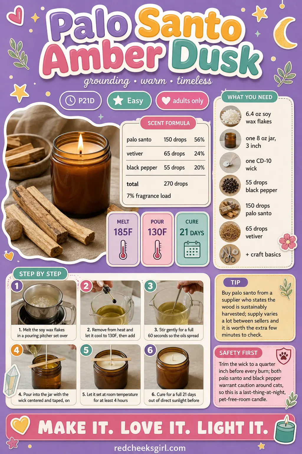Palo Santo Amber Dusk Craft Card printable sheet. Essential oil candle recipes