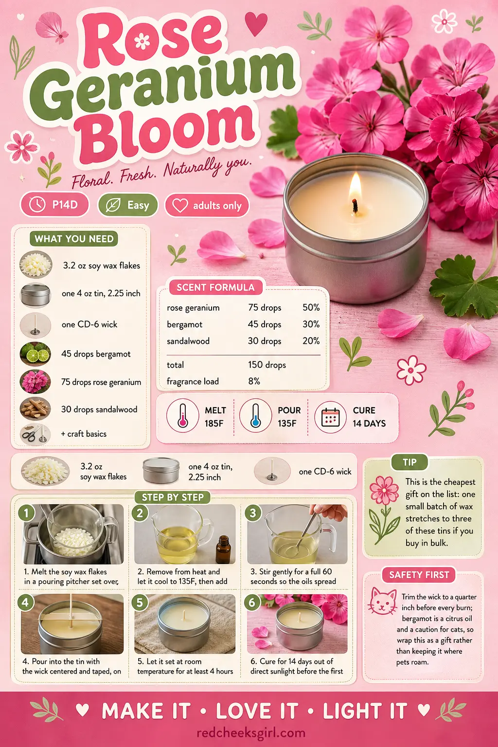 Rose Geranium Bloom Craft Card printable sheet. Essential oil candle recipes
