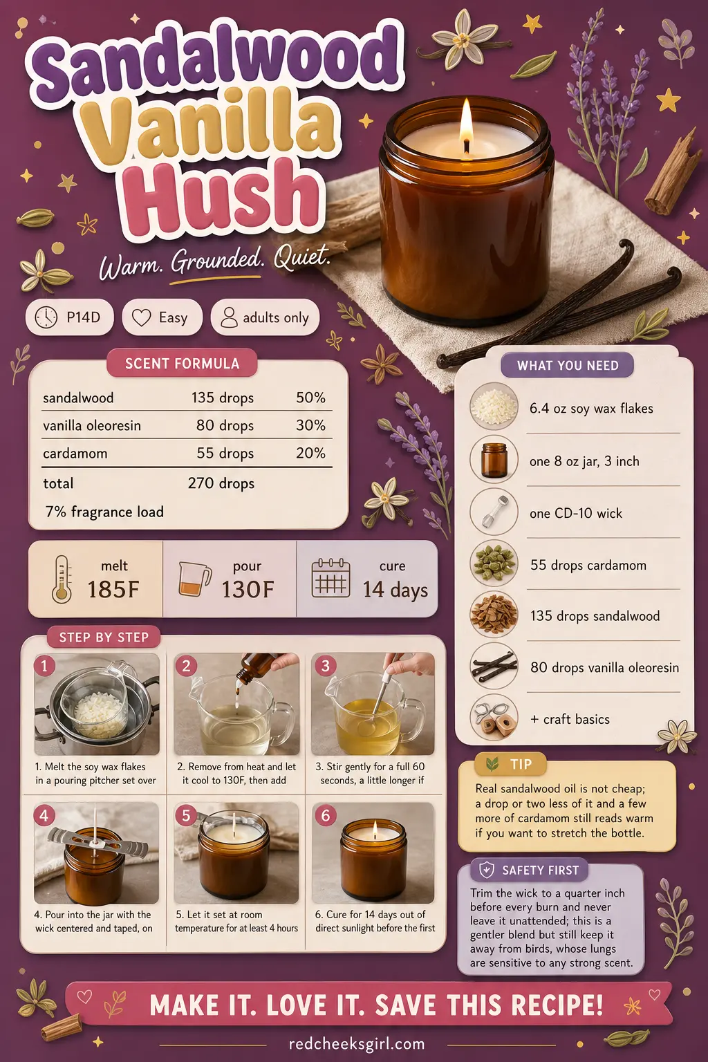 Sandalwood Vanilla Hush Craft Card printable sheet. Essential oil candle recipes