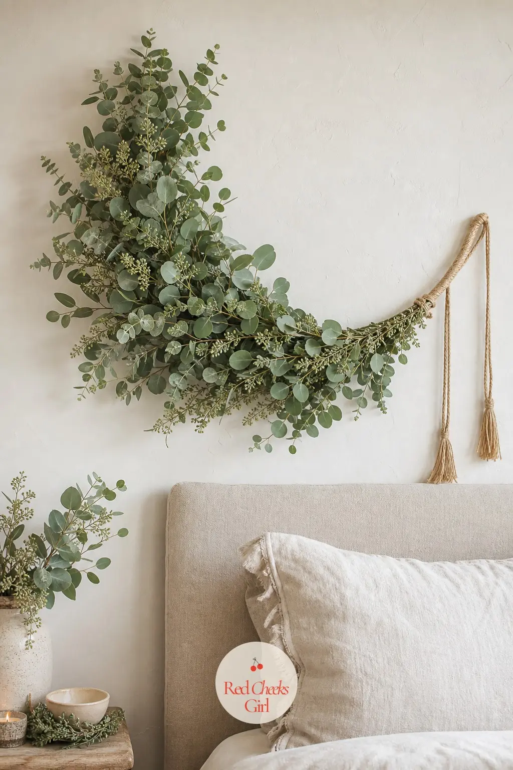 The Asymmetrical Eucalyptus Swag for the Bedroom Headboard Wall — Instead of a closed circle, this one is built as a loose crescent, thick with eucalyptus on