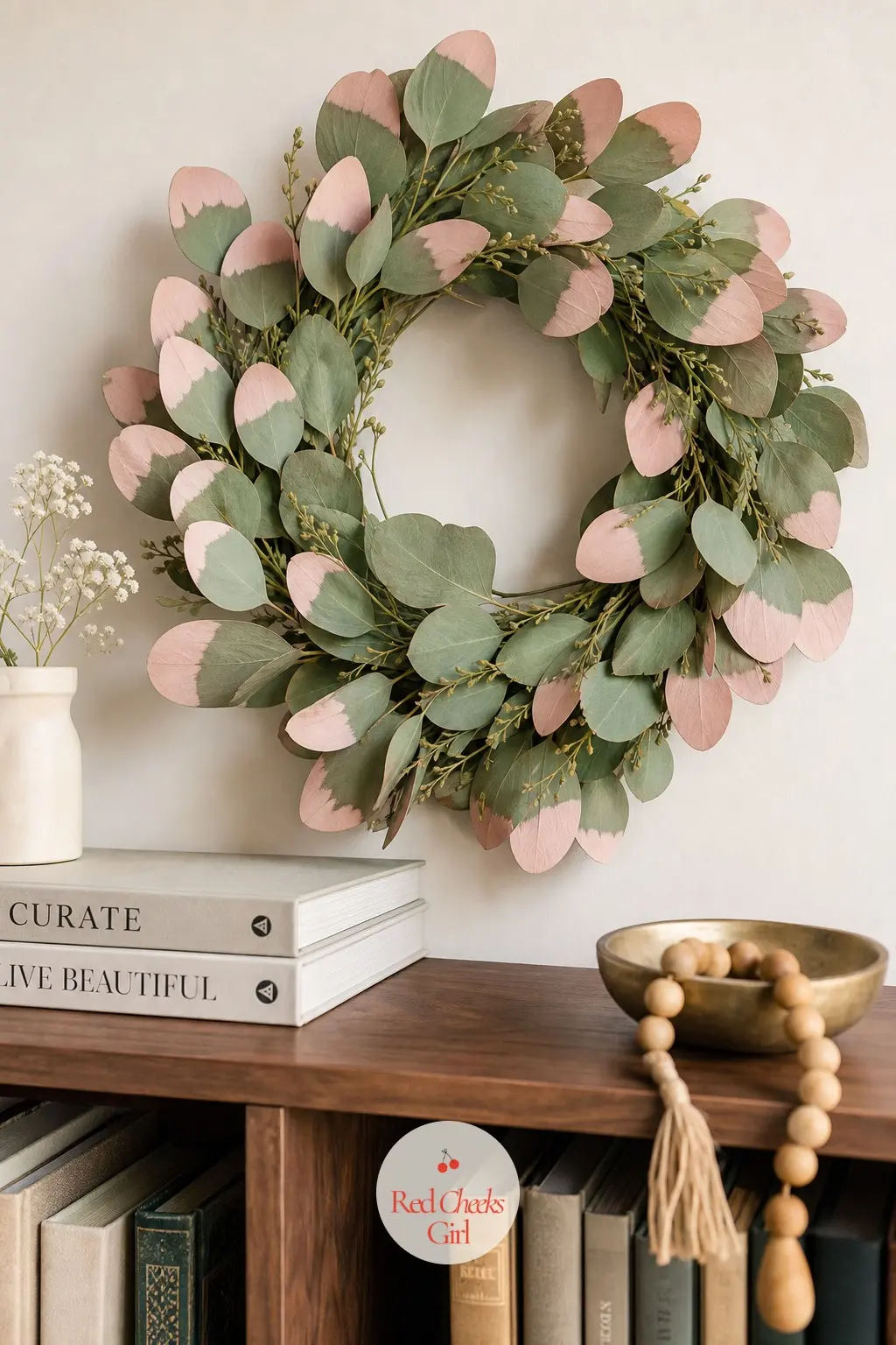The Blush-Dipped Eucalyptus Wreath for the Home Office Bookshelf — Dipping just the last inch of each eucalyptus leaf in a soft blush paint gives the wreath an
