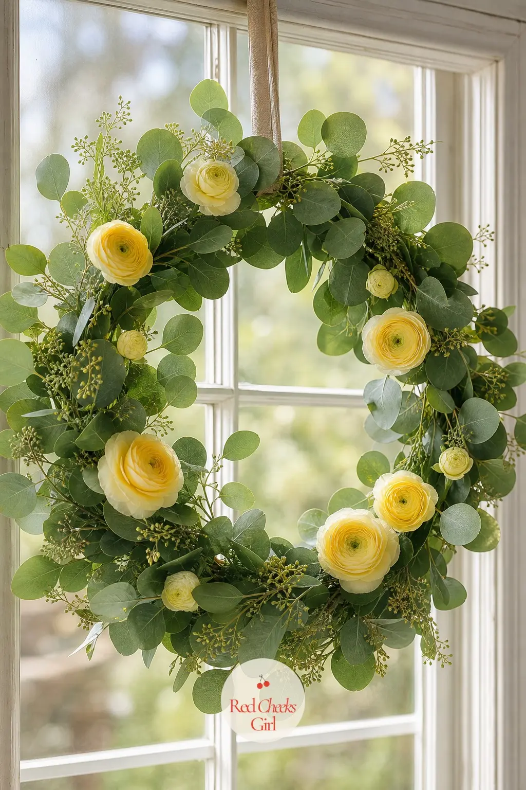 The Eucalyptus and Butter-Yellow Ranunculus Wreath for the Kitchen Window — Fresh butter-yellow ranunculus threaded through a loose eucalyptus base brings a