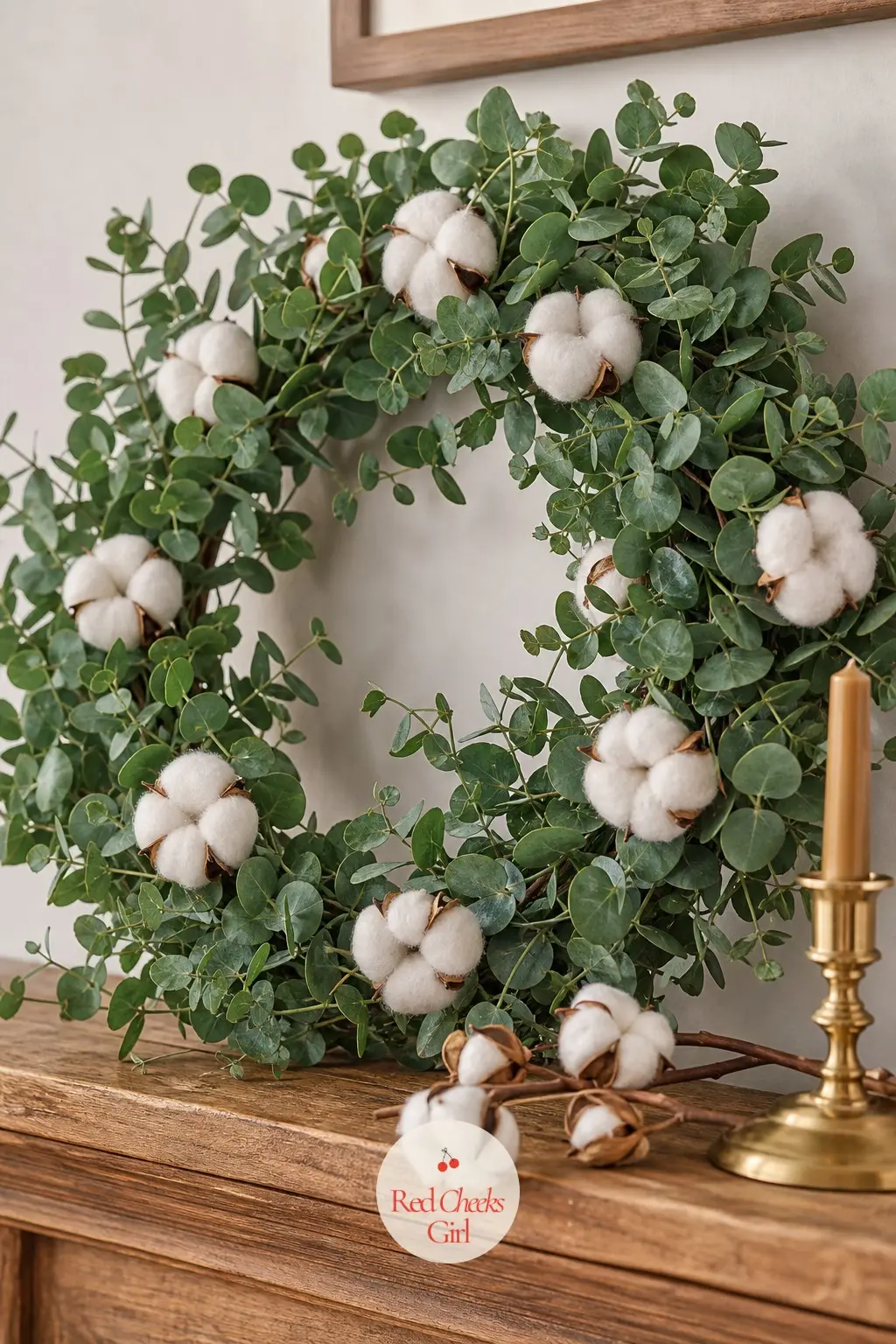 The Eucalyptus and Cotton Boll Wreath for the Living Room Mantel — Ivory cotton bolls, left on their short woody stems, tuck in among the eucalyptus leaves for