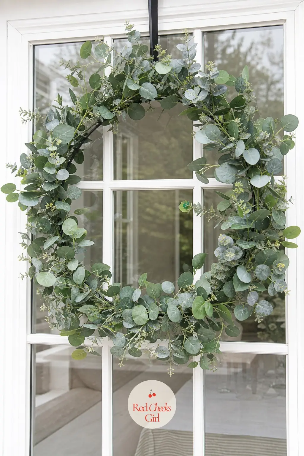 The Oversized Eucalyptus Wreath for the Patio Door — Built on a large metal hoop rather than a standard wreath frame, this version runs well above eye level to