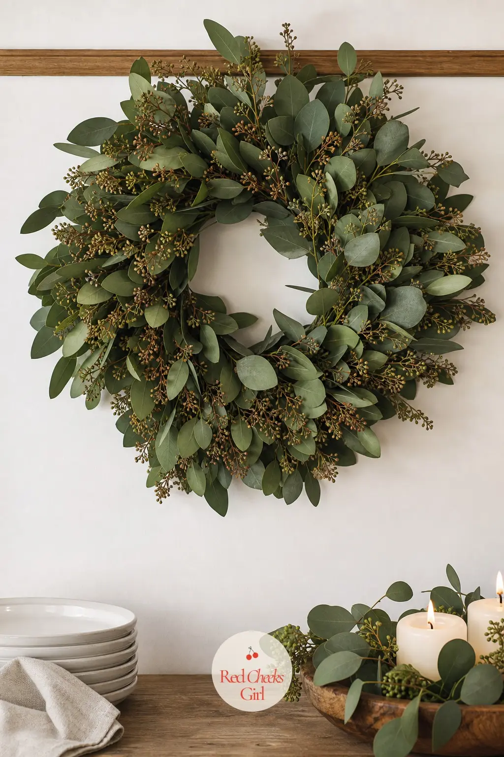 The Seeded Eucalyptus Wreath for the Dining Room Wall — Seeded eucalyptus carries small round pods along each stem instead of flat leaves, which gives the