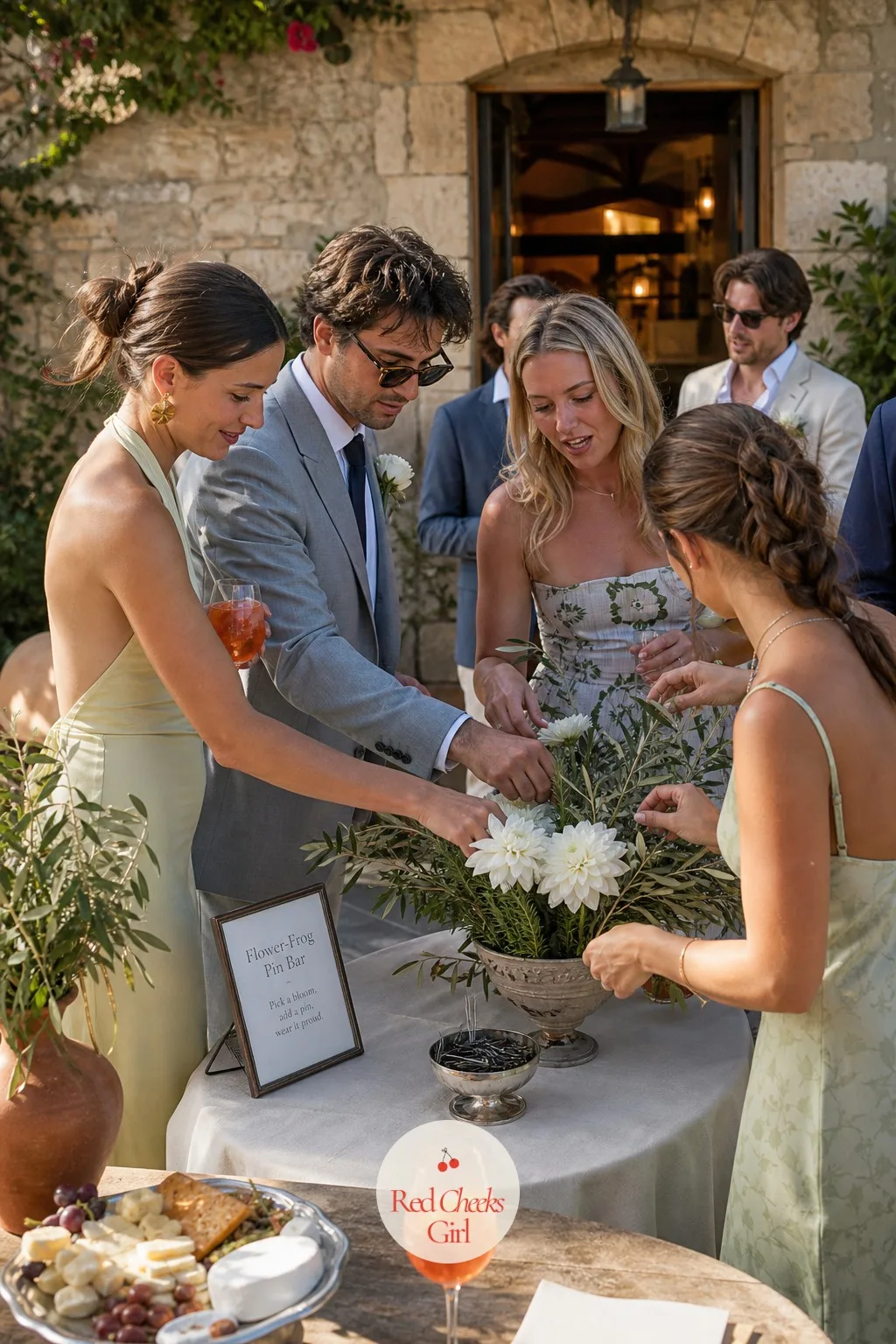 A Flower-Frog Pin Bar for Guests' Buttonholes — Pre-made boutonnieres sitting in a box by the door often get forgotten entirely. European wedding aesthetic