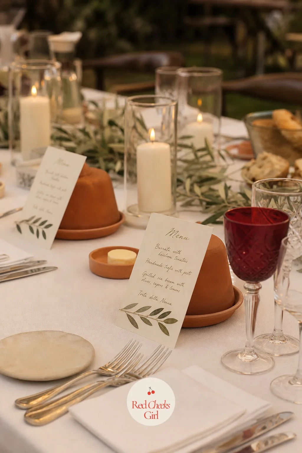 Hand-Lettered Menu Cards Leaned Against the Butter Dishes — A menu propped in a stand looks like a hotel breakfast buffet. European wedding aesthetic