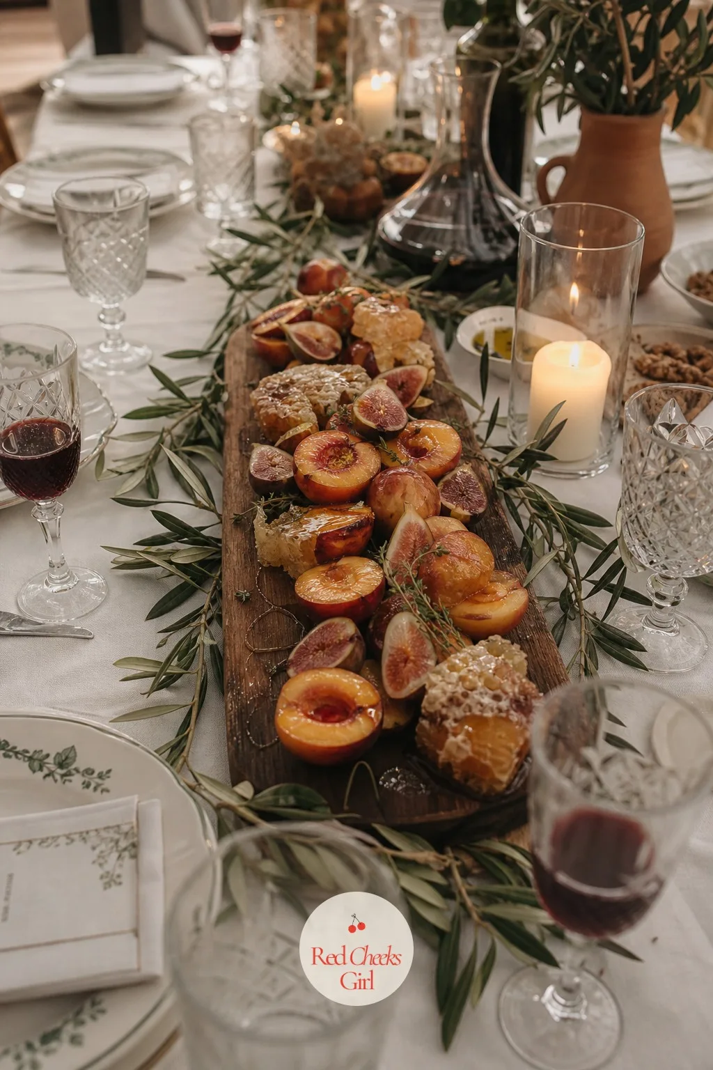A Late Dessert of Stone Fruit and Honeycomb — A plated dessert breaks the mood of a dinner that has been family-style all night. European wedding aesthetic