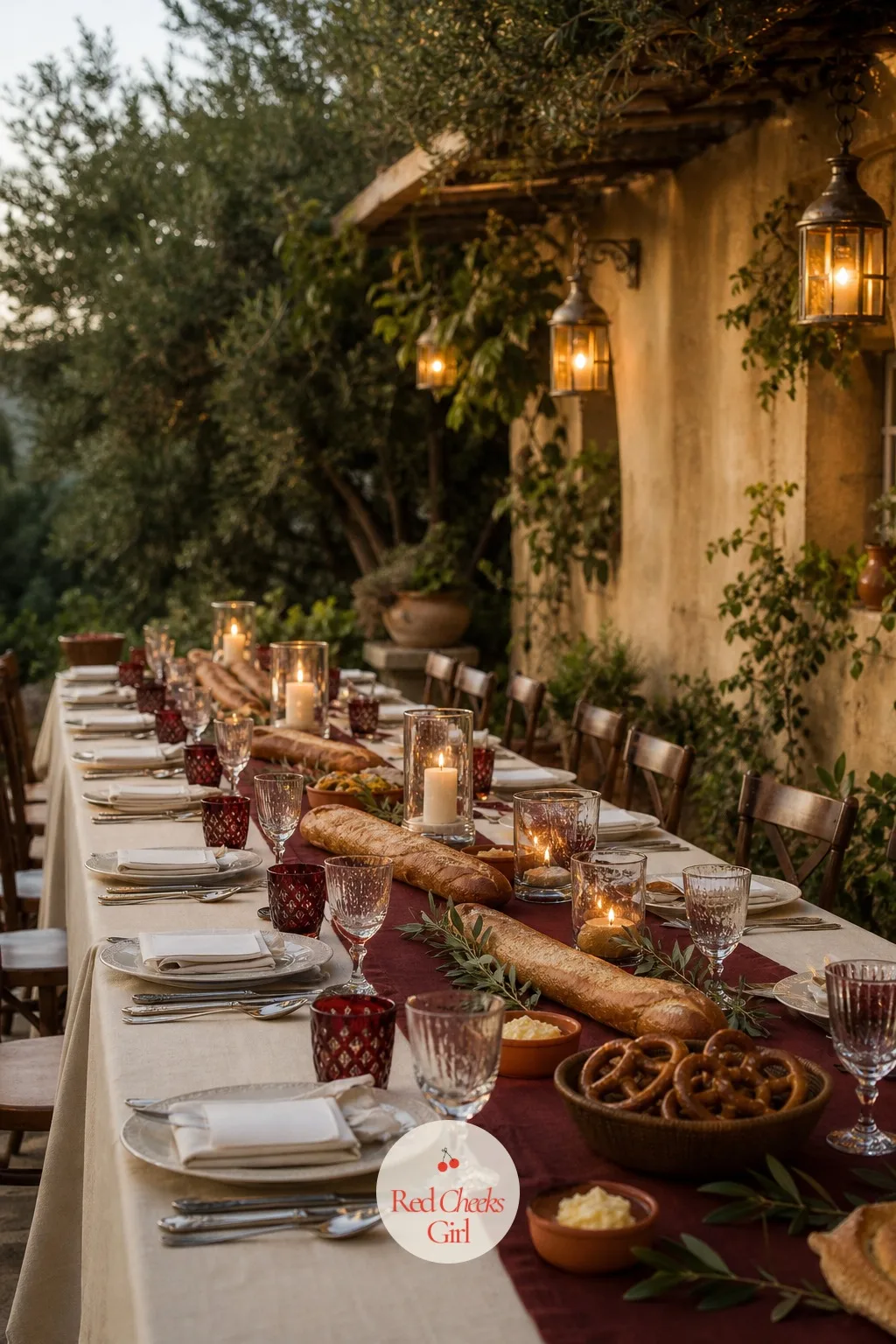 Long Tables Dressed with Baguettes, Pretzels and Butter Dishes — A centerpiece-free table unsettles some brides until they see this. European wedding aesthetic