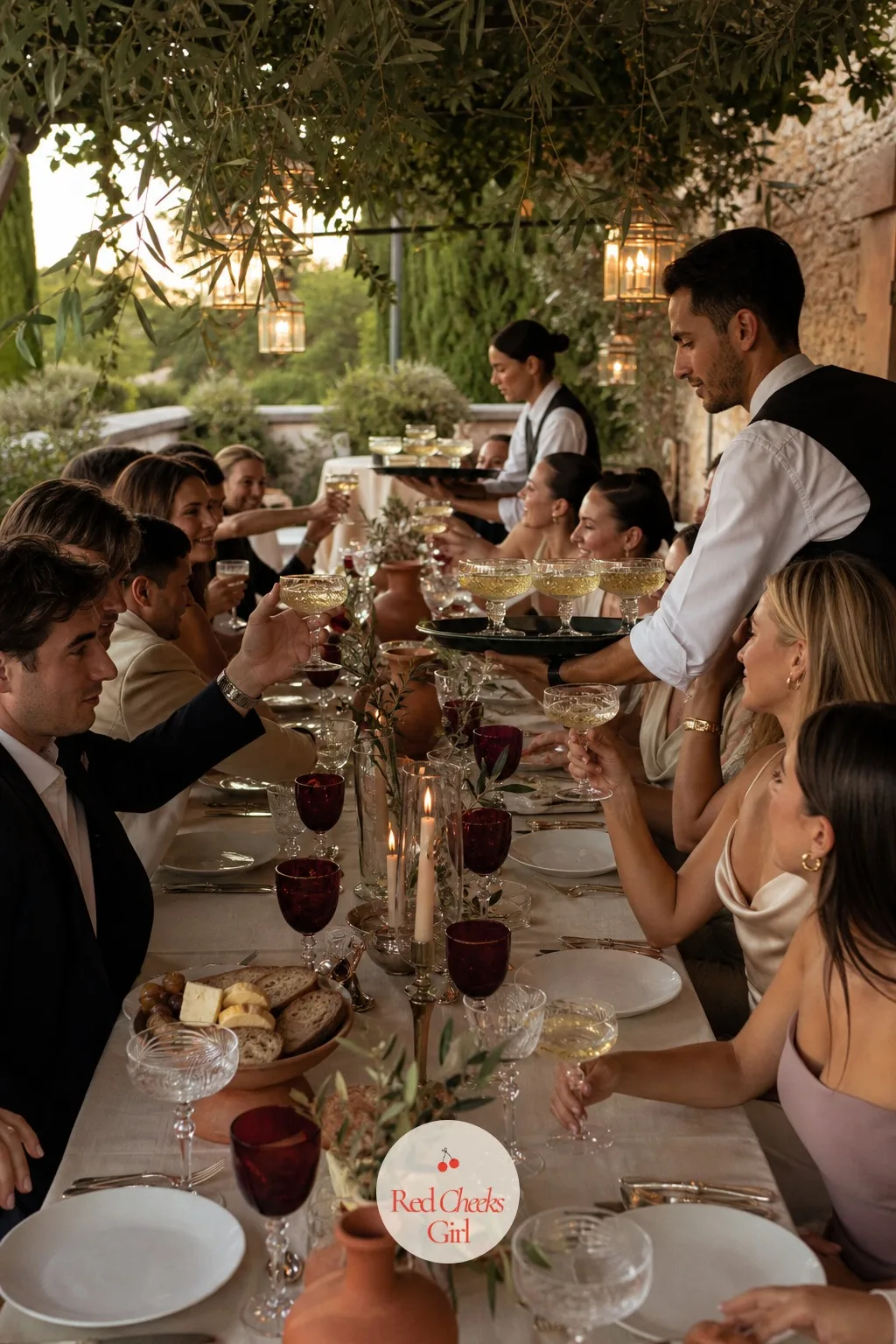 A Long-Table Toast with Passed Crystal Coupes — Waiting for a server to pour one glass at a time kills the energy of a toast. European wedding aesthetic