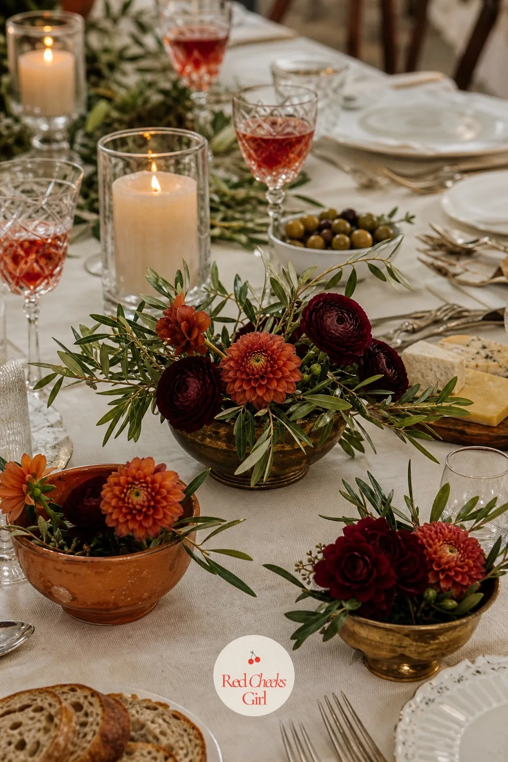Low Arrangements on Flower Frogs in Vintage Bowls — Tall centerpieces block the one thing a long table is for: seeing everyone down it. European wedding