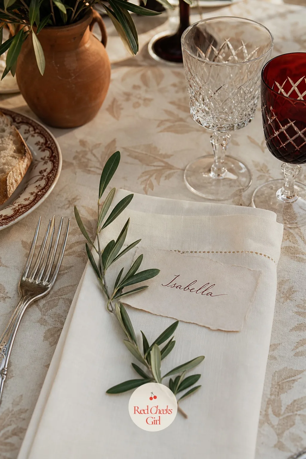 Place Cards Tucked into Olive Sprigs — A ribbon on a place card feels like an afterthought once a sprig has done the same job better. European wedding aesthetic