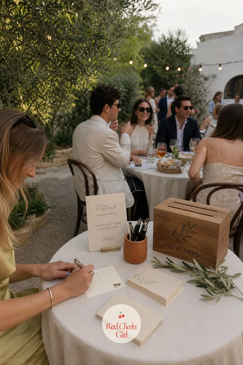 A Postcard Guest Book at a Cafe Table — A guest book sitting by the door rarely gets touched after the first hour. European wedding aesthetic
