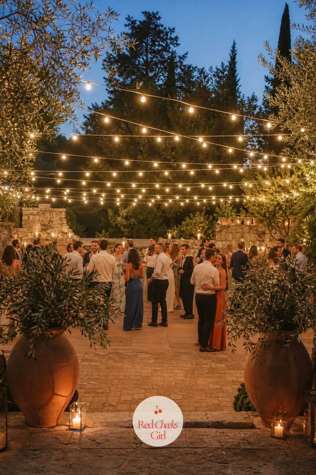 A String-Light Canopy Over the Dance Floor — A dance floor with nothing overhead feels unfinished once the sun goes down. European wedding aesthetic