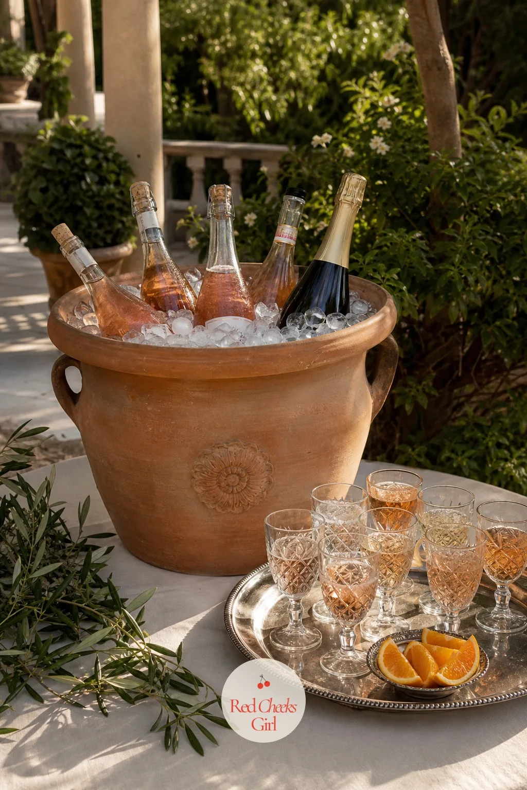 A Terracotta Urn of Chilled Rose and Spritz — A bar cart feels formal for an afternoon that is meant to drift. European wedding aesthetic
