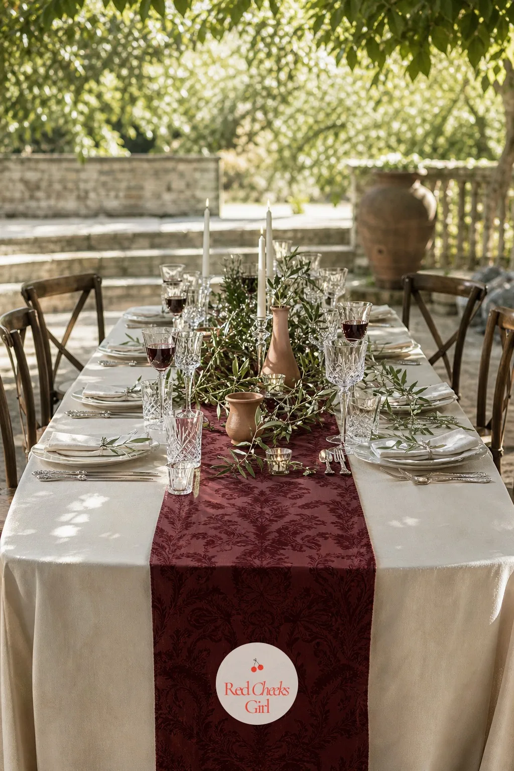 A Wine-Red Runner Down a Cream Cloth — Fabric is doing more quiet work here than any single flower. European wedding aesthetic