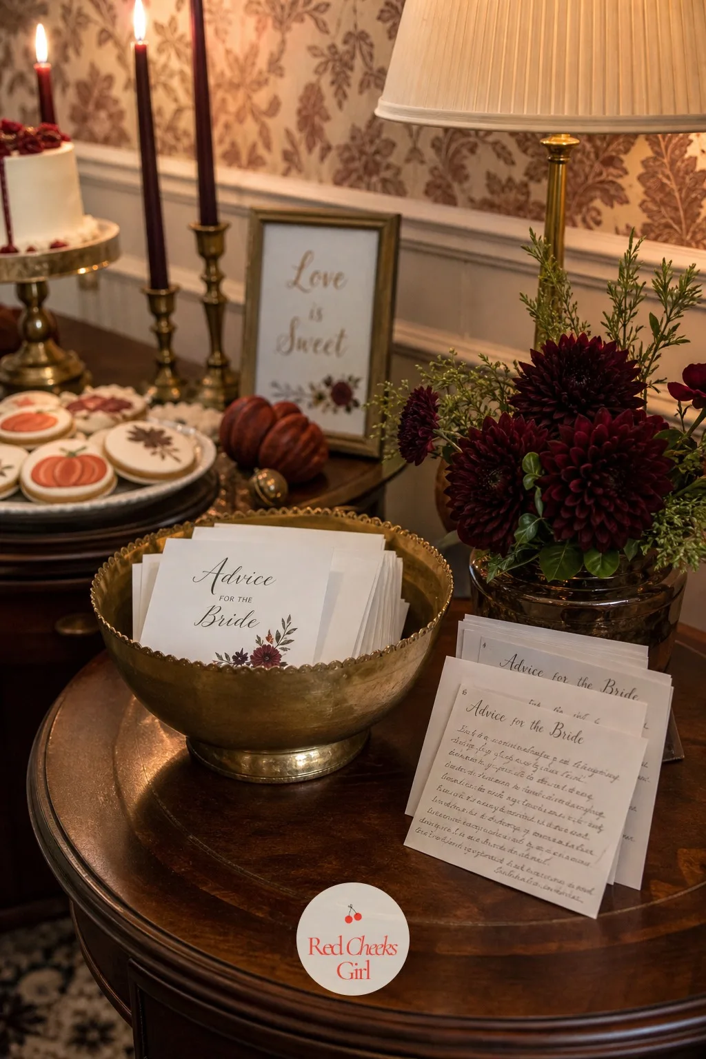 Advice for the Bride Cards in a Brass Bowl — Somewhere between the toasts and the gift opening, give the quieter guests a way to say something without standing