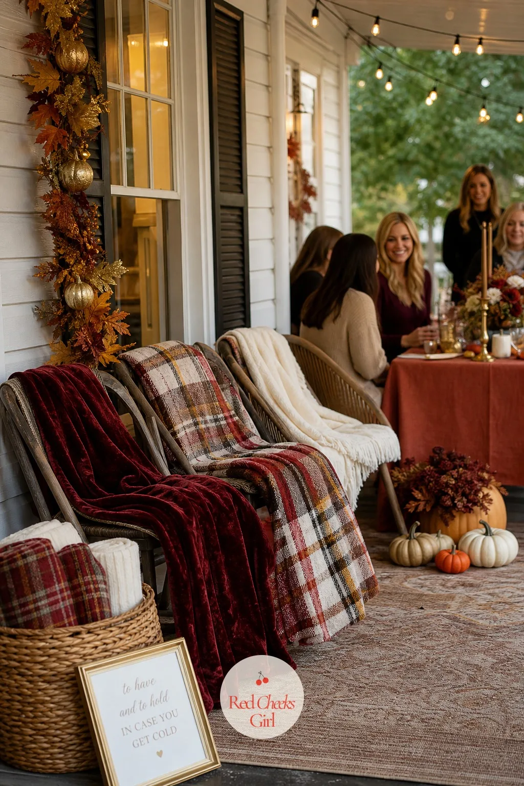 Cozy Blankets for Outdoor Seating — If the shower spills onto a porch or a patio once the cider's poured, the cold will chase guests back indoors fast. Fall