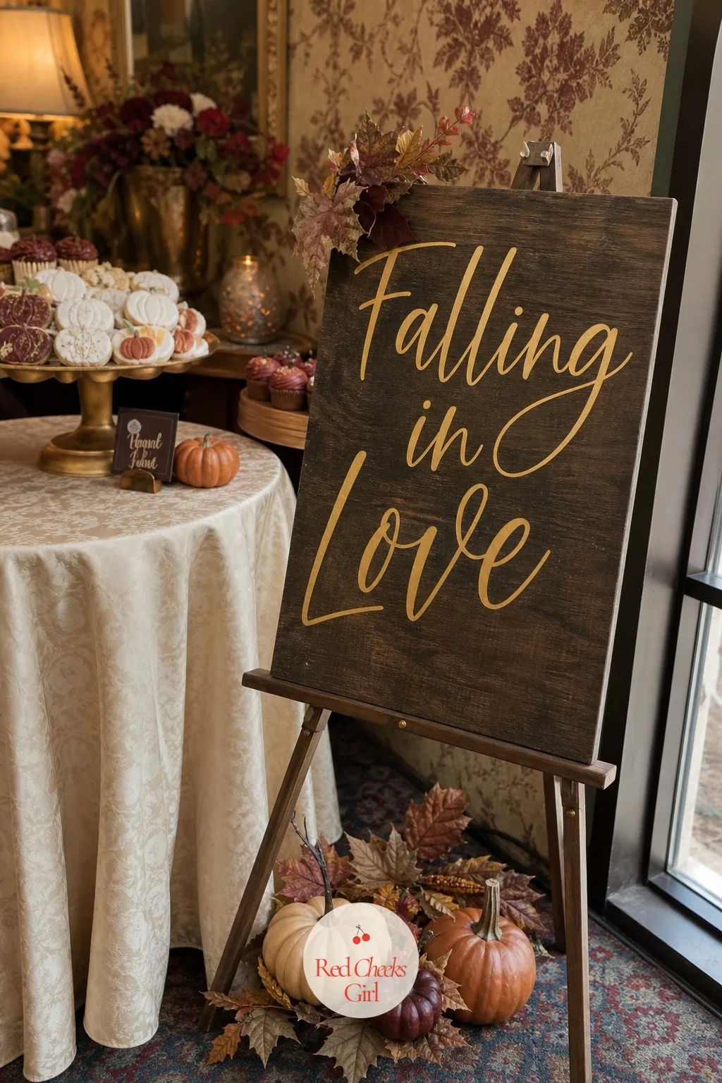 'Falling in Love' Sign — Every detail on this table points back to one idea, so say it once, plainly, somewhere everyone walks past. Fall bridal shower ideas