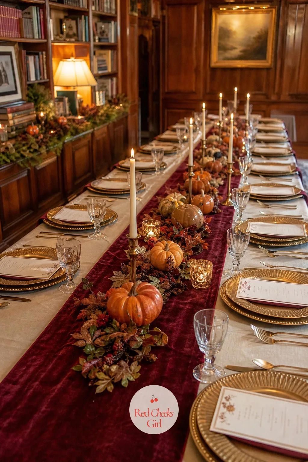 Harvest Table With Velvet Runners — The table everyone sits down at for an hour deserves more than a plain cloth under the plates. Fall bridal shower ideas