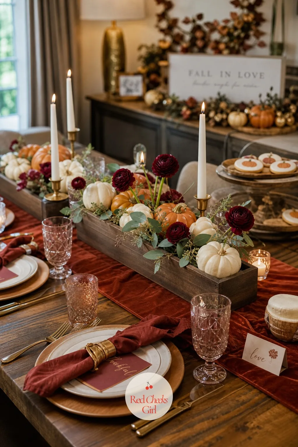 Mini Pumpkin Centerpieces — Down the center of the harvest table, between the place settings, small clusters keep the eye moving without blocking anyone's view