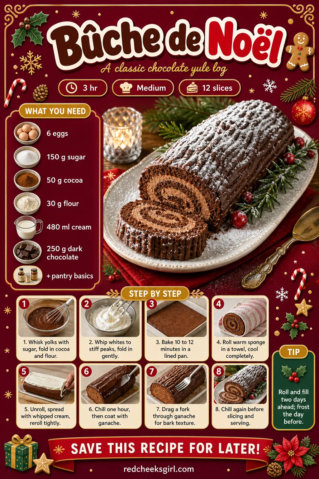 Bûche de Noël Recipe Card printable sheet — Printable card for the rolled chocolate yule log, ready to pin or print. Fancy christmas desserts
