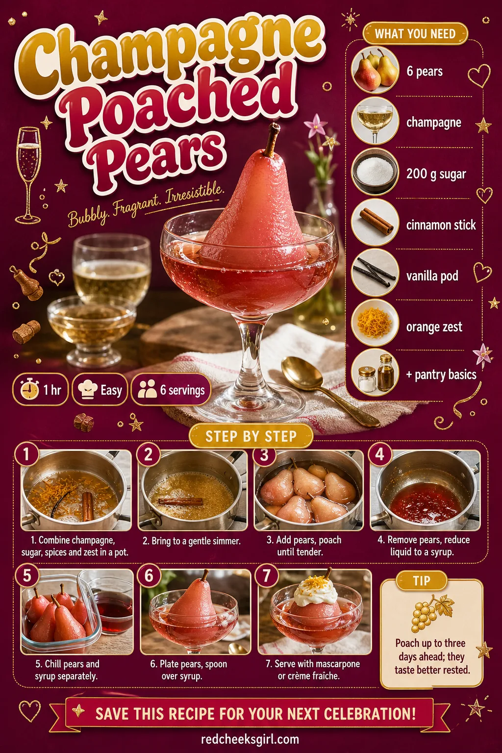 Champagne Poached Pears Recipe Card printable sheet — Printable card for champagne poached pears. Fancy christmas desserts