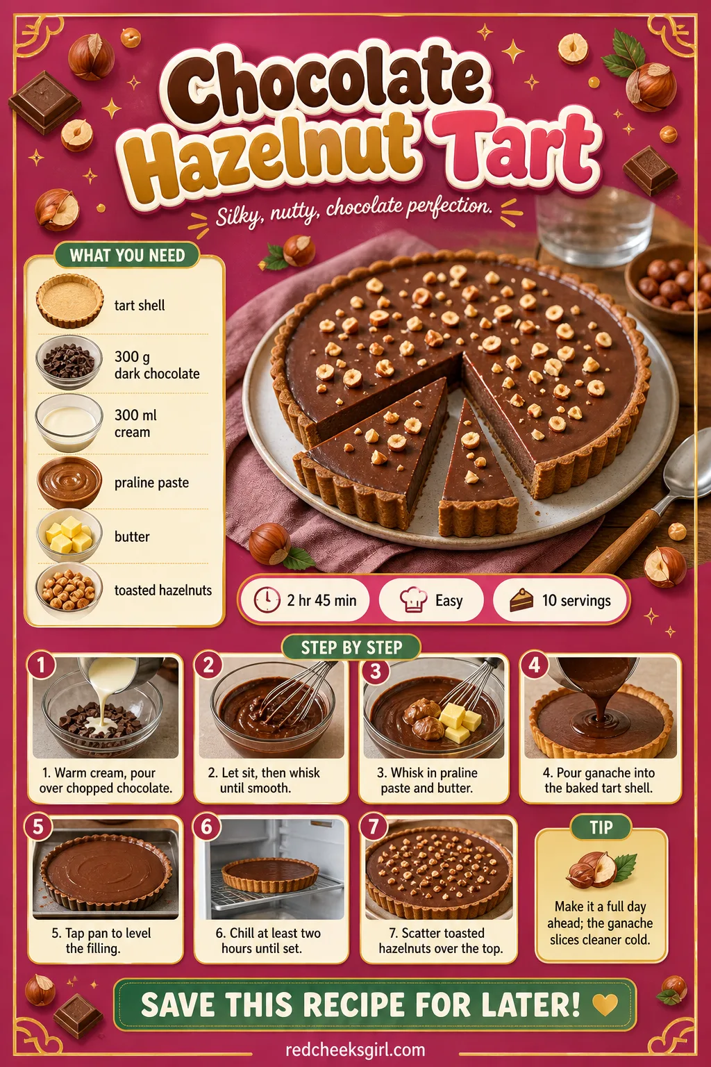 Chocolate Hazelnut Tart Recipe Card printable sheet — Printable card for the chocolate hazelnut praline tart. Fancy christmas desserts
