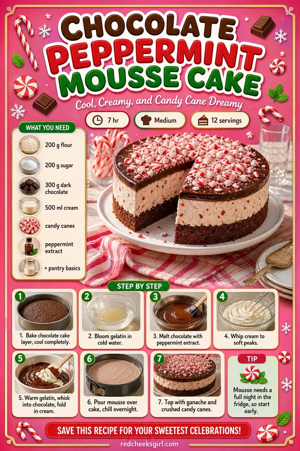 Chocolate Peppermint Mousse Cake Recipe Card printable sheet — Printable card for the chocolate peppermint mousse cake. Fancy christmas desserts