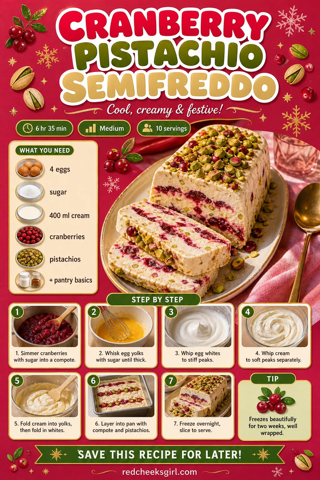 Cranberry Pistachio Semifreddo Recipe Card printable sheet — Printable card for cranberry pistachio semifreddo. Fancy christmas desserts