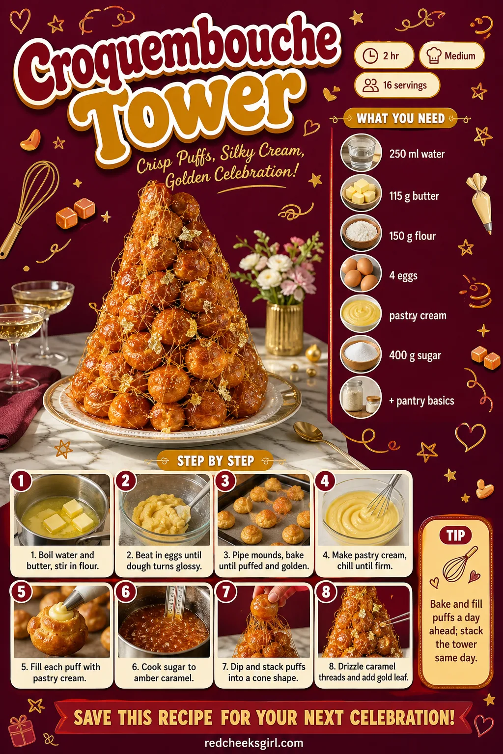 Croquembouche Tower Recipe Card printable sheet — Printable card for the caramel-spun croquembouche tower. Fancy christmas desserts