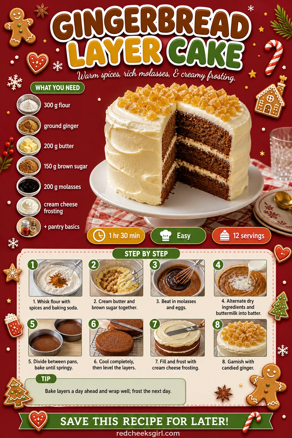 Gingerbread Layer Cake Recipe Card printable sheet — Printable card for the gingerbread layer cake. Fancy christmas desserts