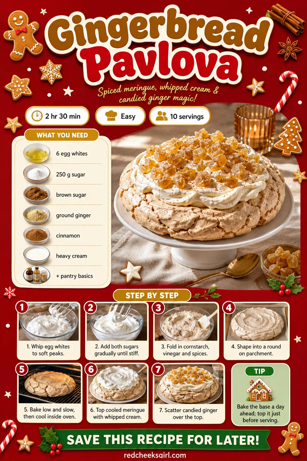 Gingerbread Pavlova Recipe Card printable sheet — Printable card for the spiced gingerbread pavlova. Fancy christmas desserts