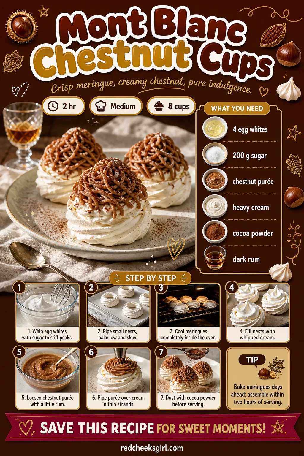 Mont Blanc Chestnut Cups Recipe Card printable sheet — Printable card for Mont Blanc chestnut meringue cups. Fancy christmas desserts
