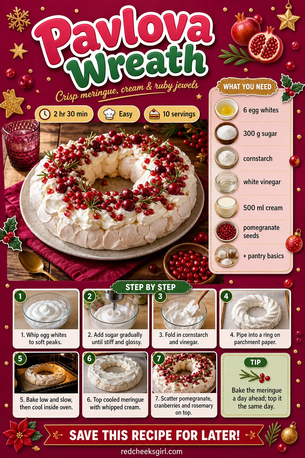 Pavlova Wreath Recipe Card printable sheet — Printable card for the pomegranate pavlova wreath. Fancy christmas desserts