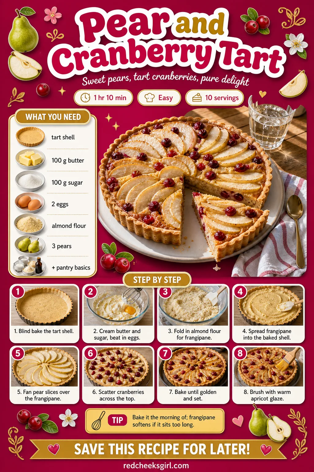 Pear and Cranberry Tart Recipe Card printable sheet — Printable card for the pear and cranberry frangipane tart. Fancy christmas desserts