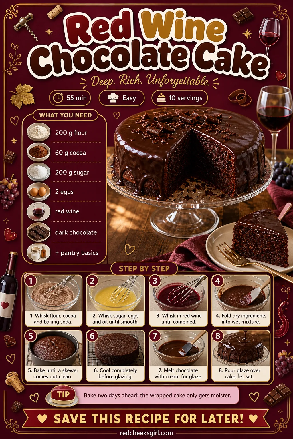 Red Wine Chocolate Cake Recipe Card printable sheet — Printable card for the red wine chocolate cake. Fancy christmas desserts