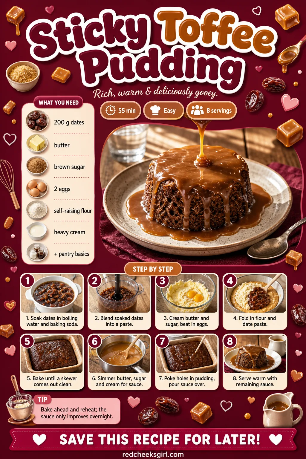 Sticky Toffee Pudding Recipe Card printable sheet — Printable card for sticky toffee pudding with toffee sauce. Fancy christmas desserts