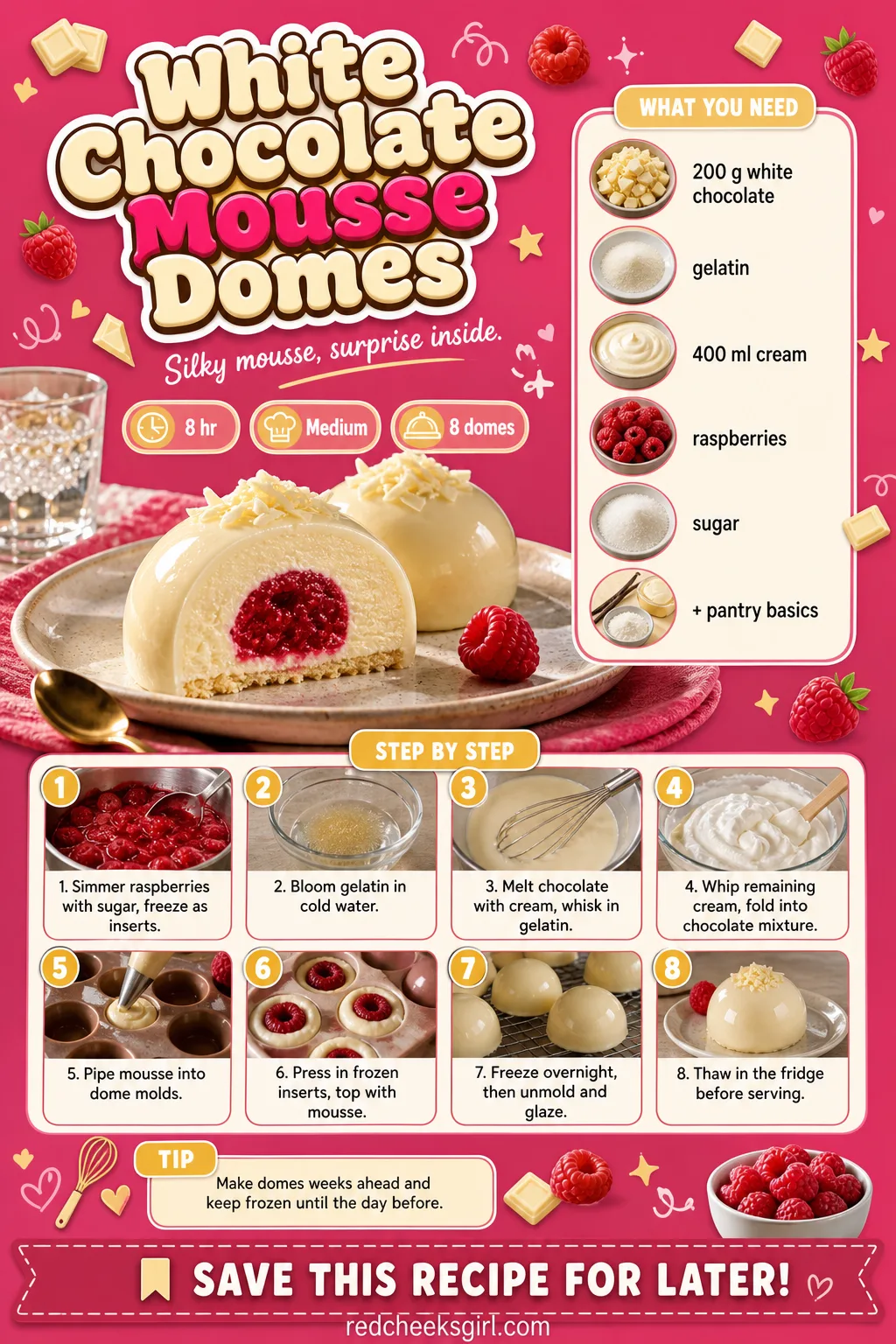 White Chocolate Mousse Domes Recipe Card printable sheet — Printable card for white chocolate raspberry mousse domes. Fancy christmas desserts