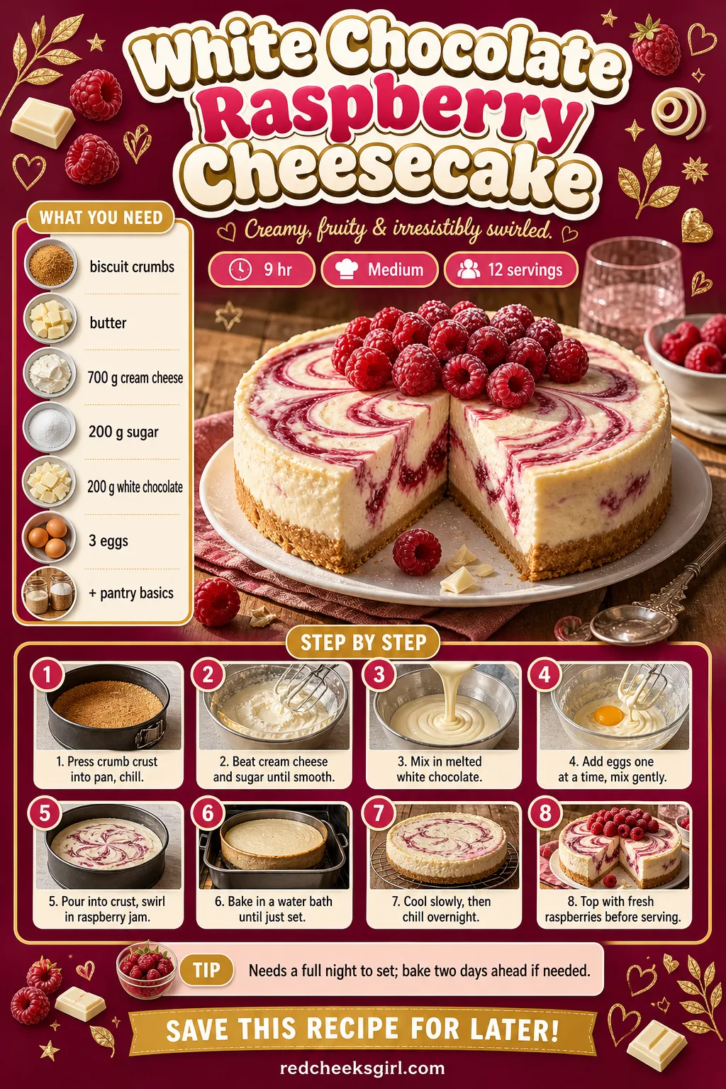 White Chocolate Raspberry Cheesecake Recipe Card printable sheet — Printable card for the white chocolate raspberry cheesecake. Fancy christmas desserts