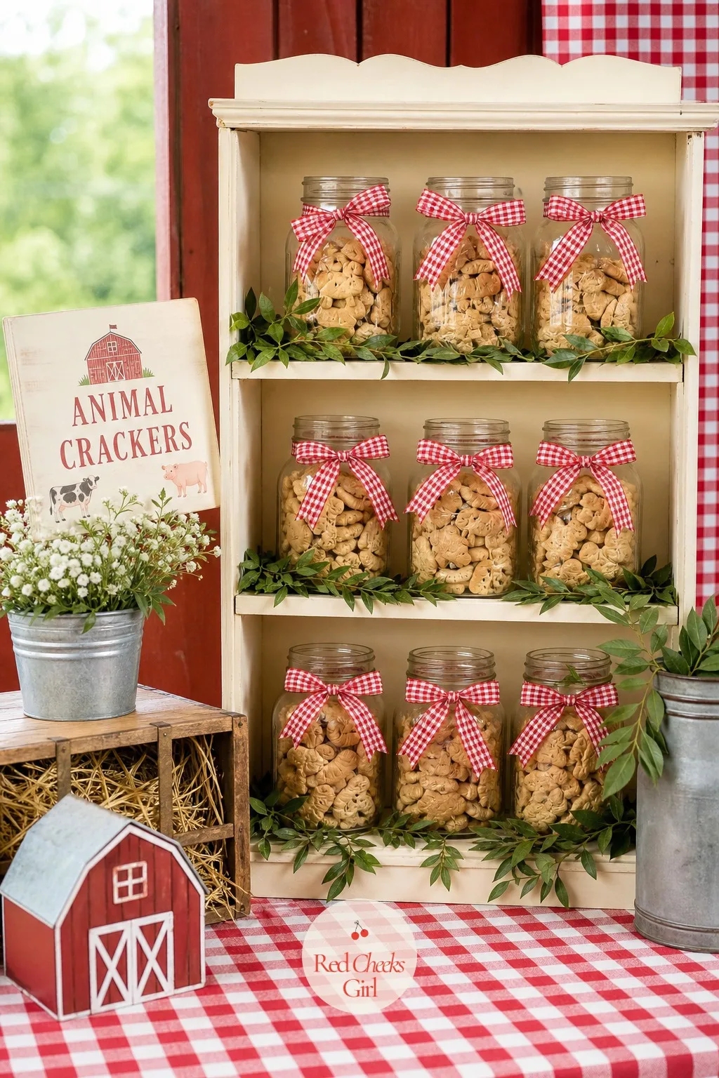 Animal Cracker Jar Favor Display — Glass jars filled with animal crackers line a cream shelf or the edge of a table, each one tied at the neck with a strip of