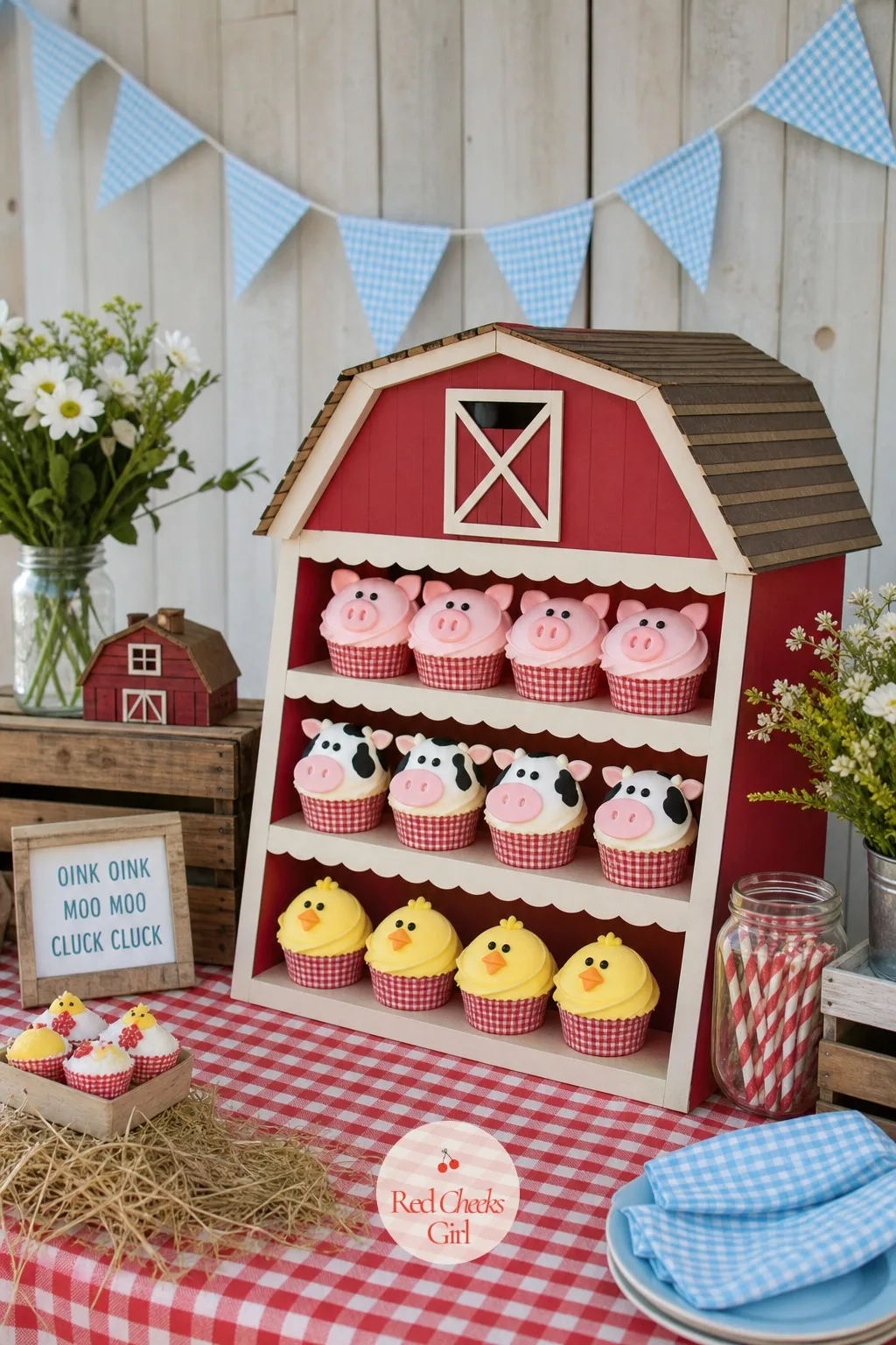 Animal Face Cupcakes on a Cardboard Barn Stand — A plain cupcake tower says bakery. Farm animal birthday party