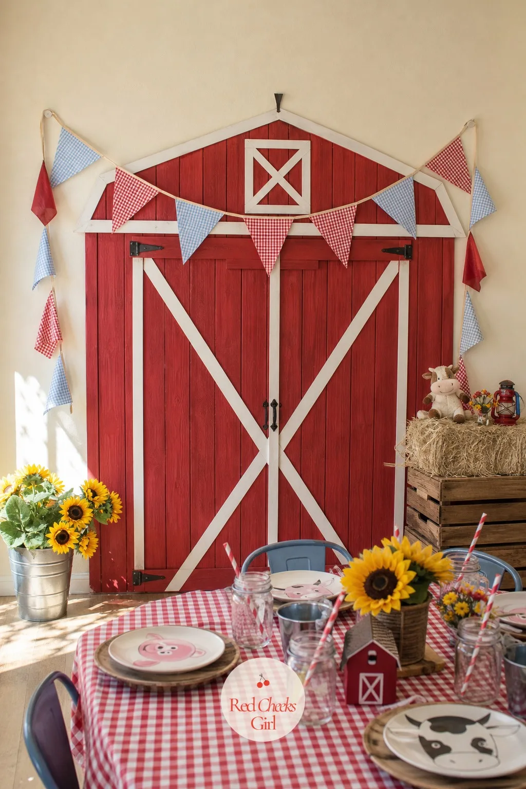 Barn Door Photo Backdrop With Bunting — Every farm party needs one wall that says the whole theme in a single glance, because that is the wall every photo gets