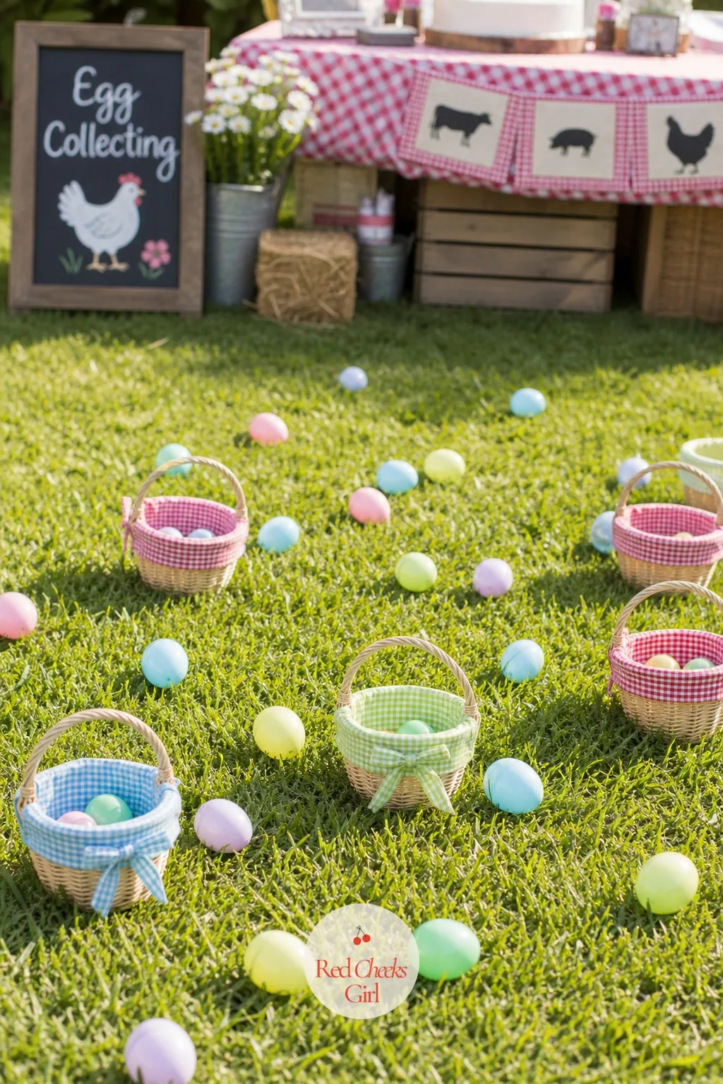 Egg Collecting Game With Plastic Eggs and Small Baskets — Pastel plastic eggs lie scattered low across the grass, close to the roots of a shrub or tucked under