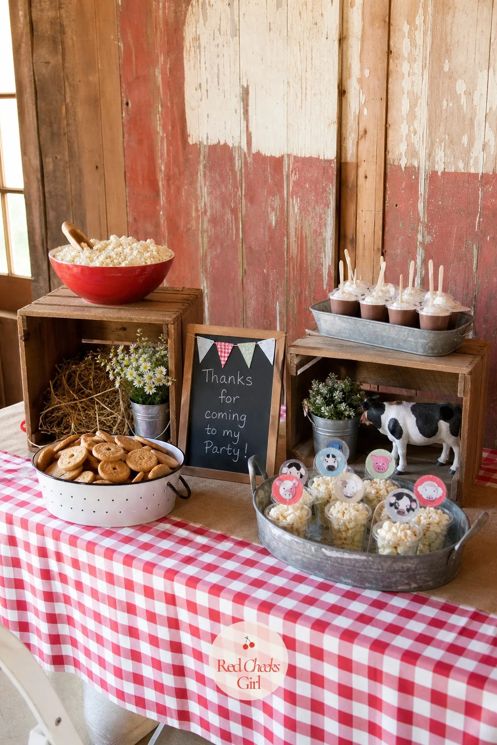 Farmhouse Crate Grazing Table — A flat table of bowls looks like snack time at daycare. Farm animal birthday party