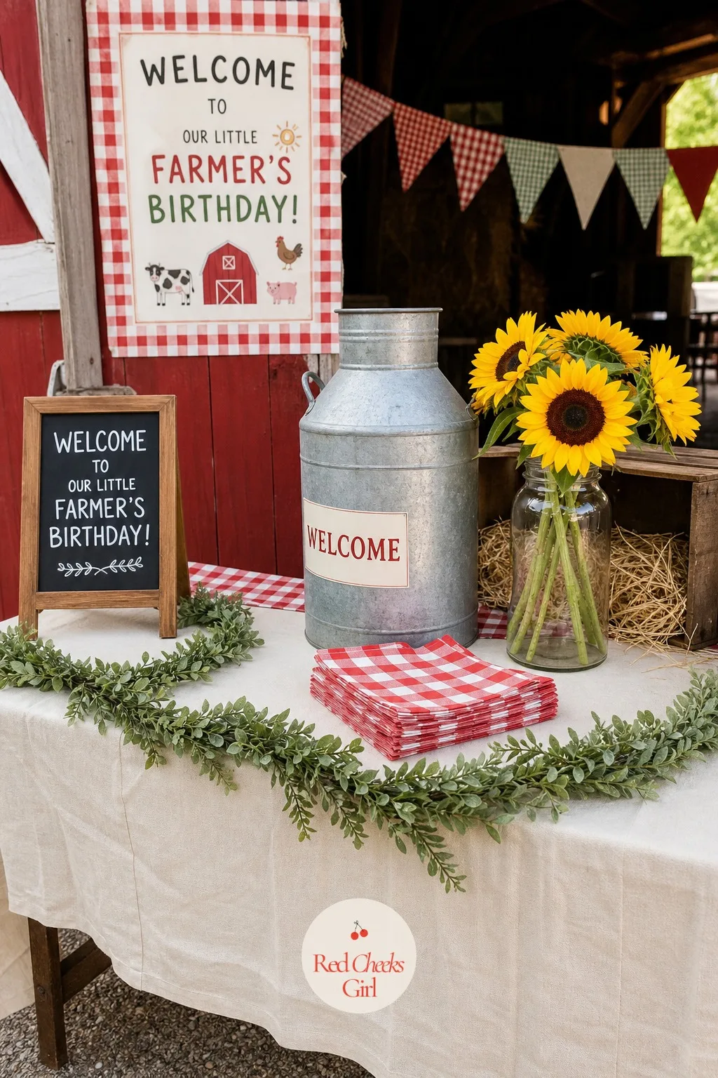 Farmhouse Welcome Table With Milk Churn and Sunflowers — The entrance table is where guests decide, in about two seconds, what kind of party they have walked