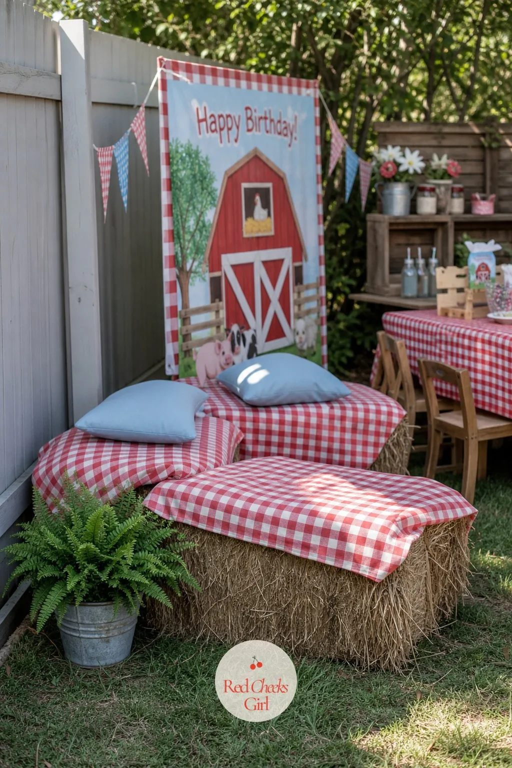 Hay Bale Seating Corner With Gingham Cloths — Folding chairs photograph like a school assembly. Farm animal birthday party
